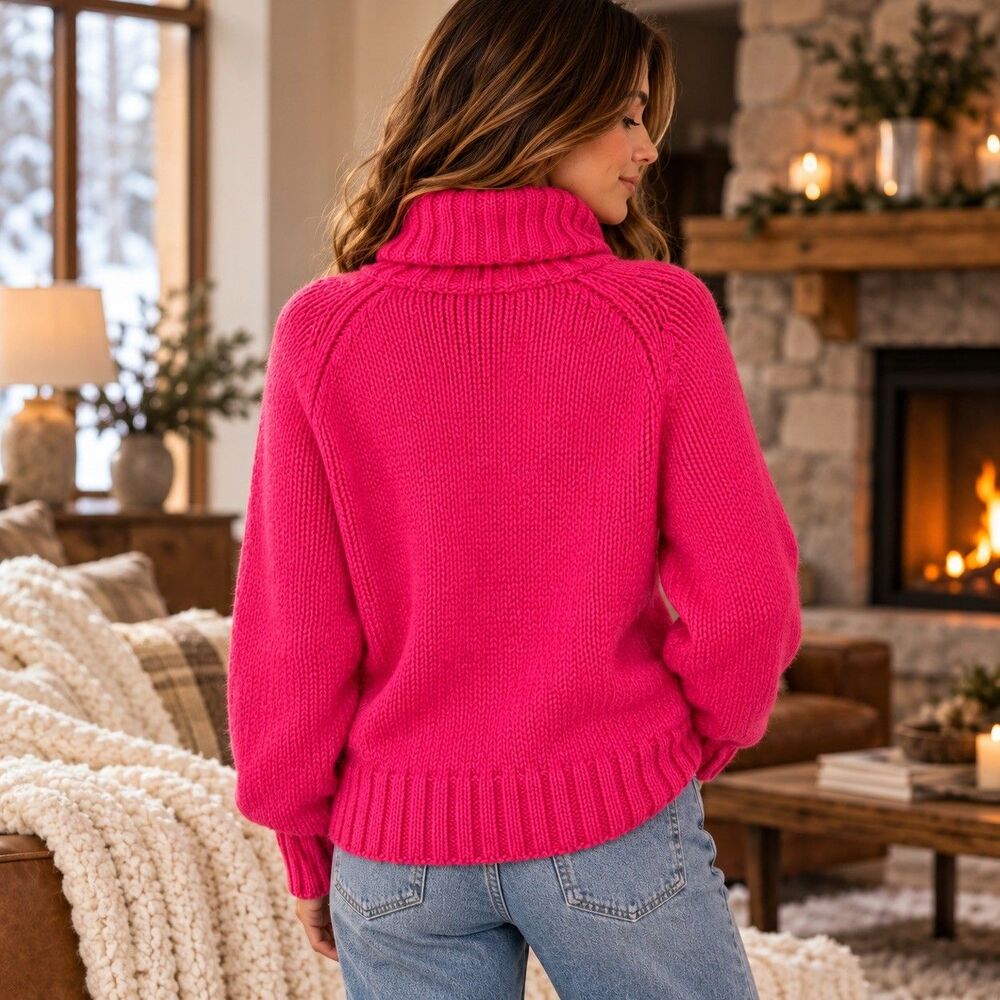 Express L Pink Fuchsia Cable Knit Sweater Merino Wool Angora Cashmere Cowl Neck - Picture 7 of 11